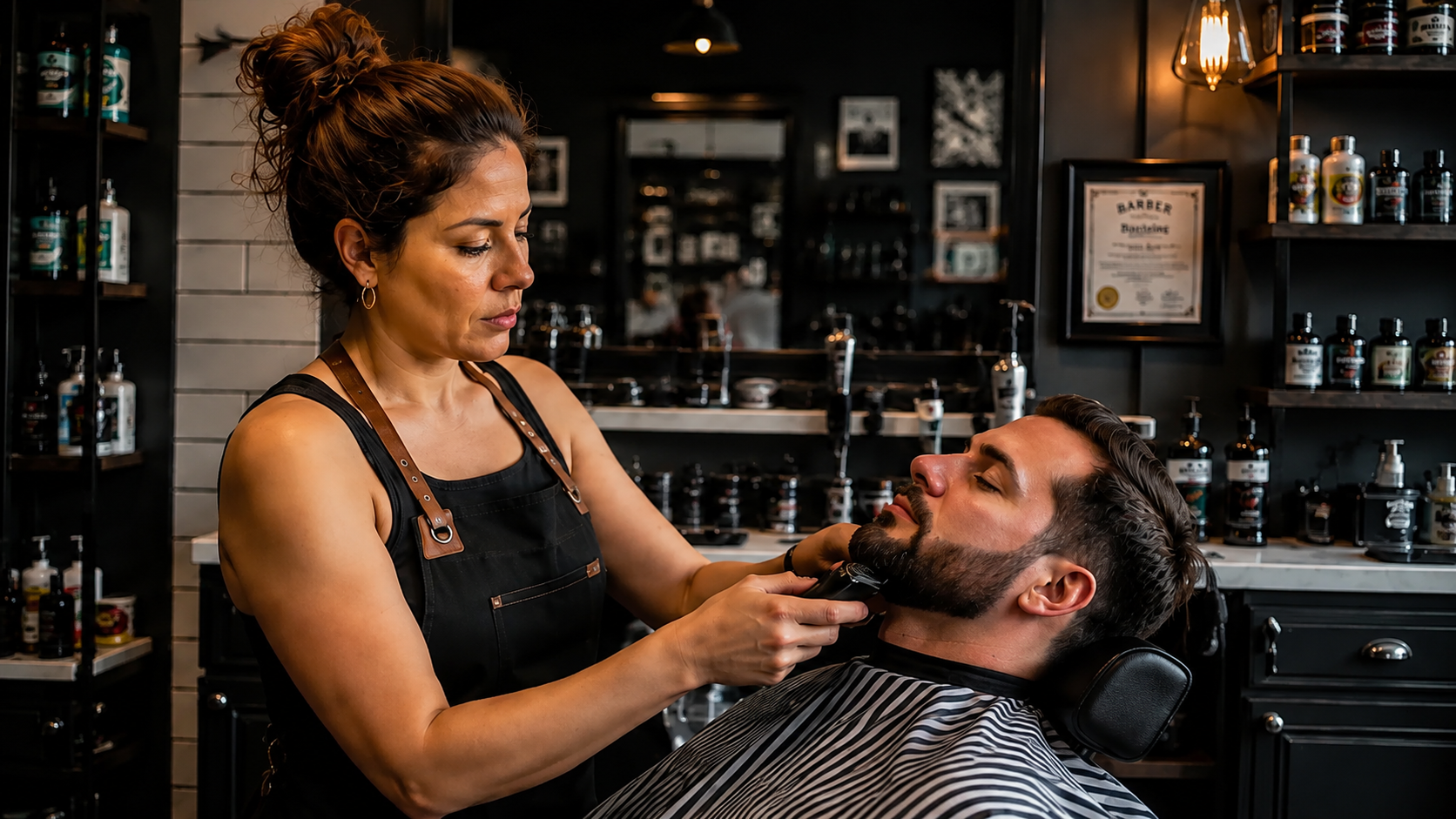 Mónica perfila la barba de un cliente con máquina mientras él descansa recostado en el sillón de la barbería.