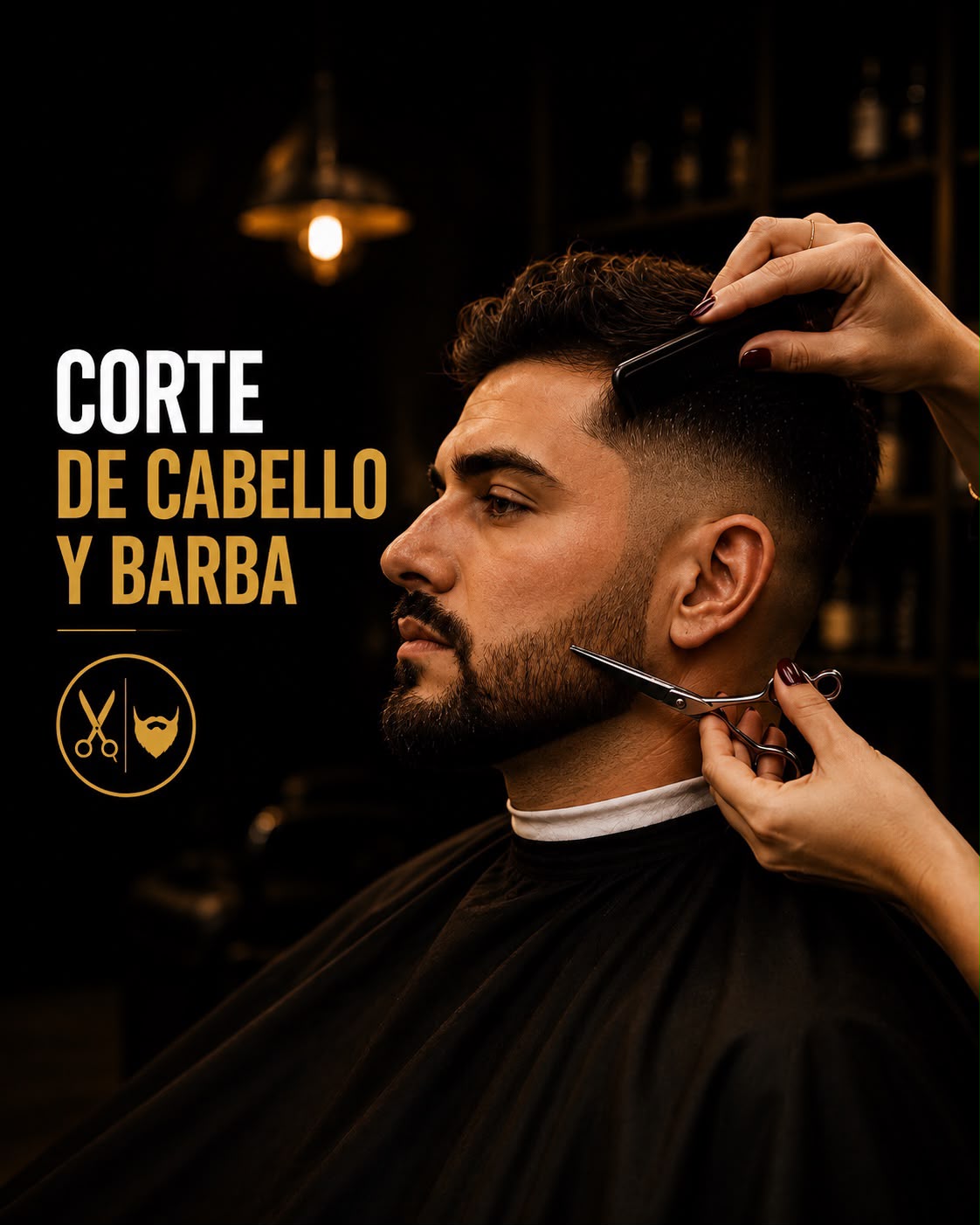 Corte con peine y tijera mientras se recorta la barba.